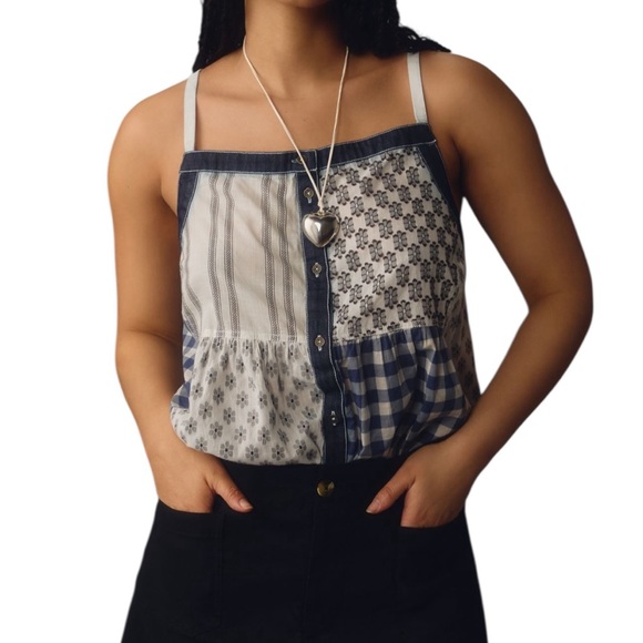 Pilcro Anthropologie button front Patchwork Spaghetti Strap Apron Top Blue - Picture 5 of 9